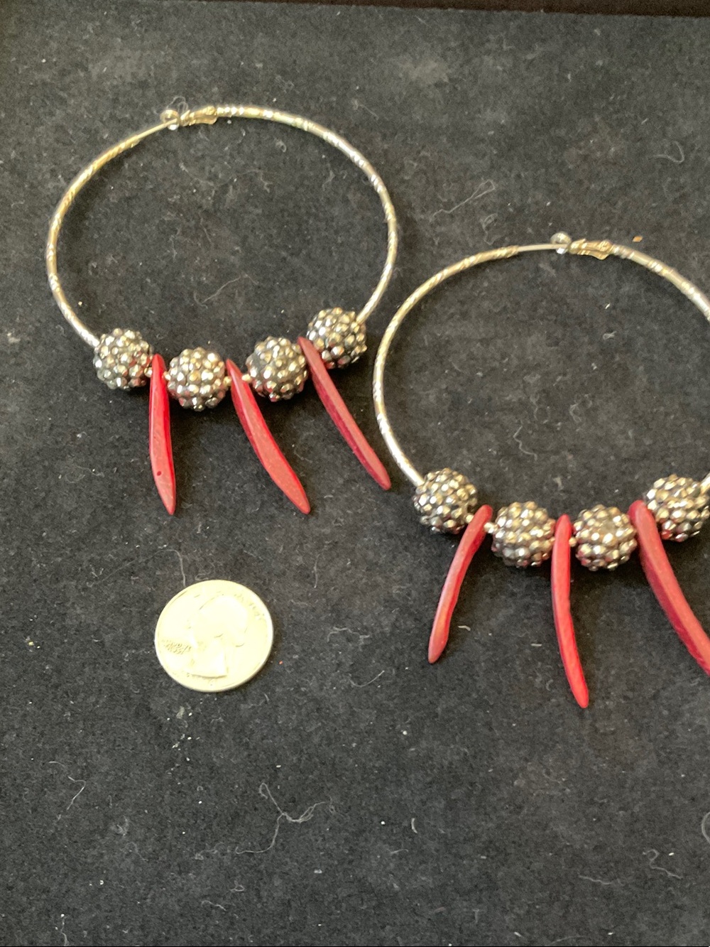 Vintage Red Wooden Spike Large Hoop Earrings with Beaded Accents